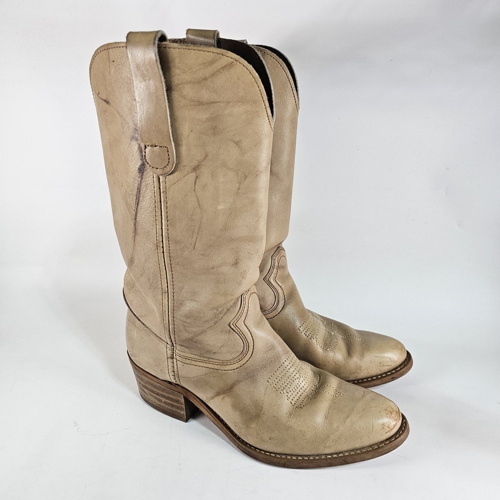 Vtg 70's Sears Leather Rodeo Cowboy Boots Beige Men's 8 D Western 874099 USA